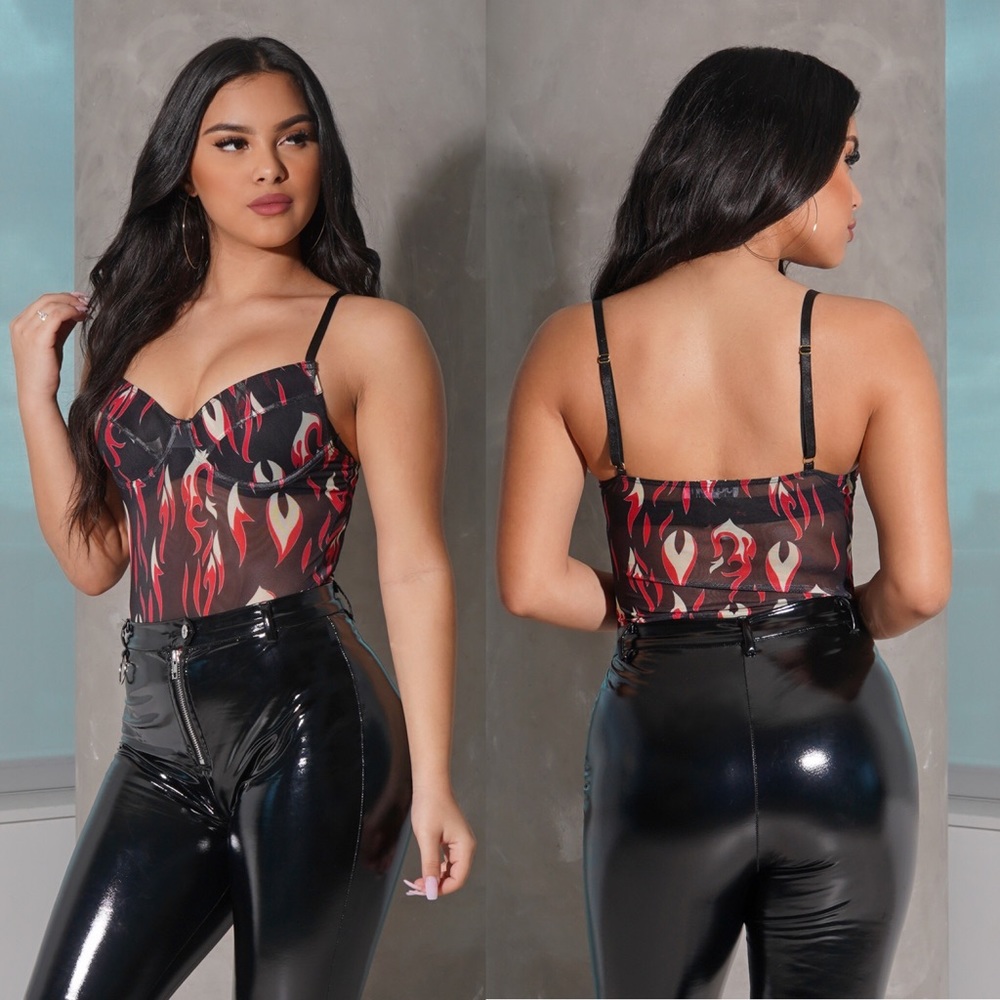 Flame Print Mesh Bodysuit